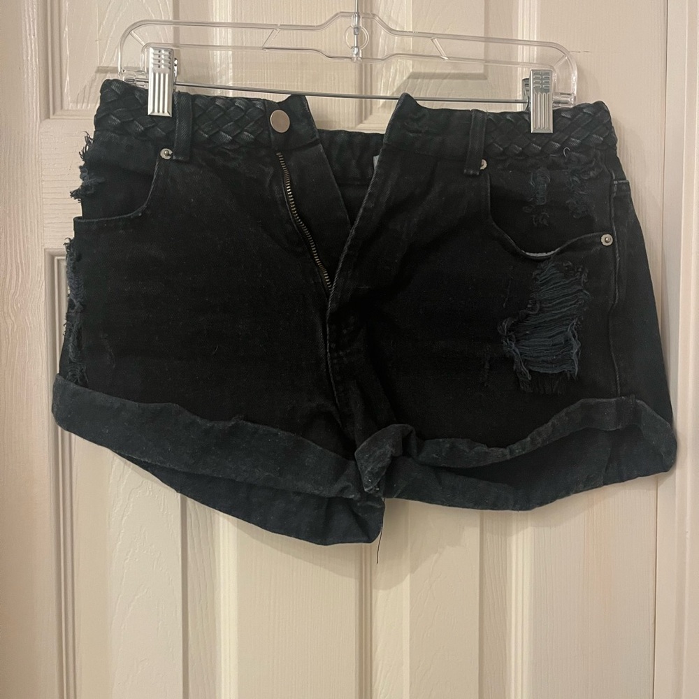 Honey Punch Black Distressed Jean Shorts